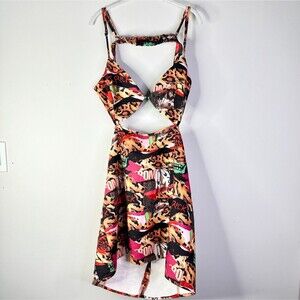 PRINCESS POLLY Dress Women 16 Brown Mini Front Row Print Cutout Festival NWT